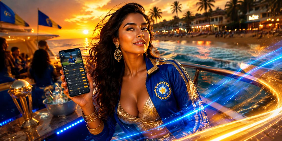 Cricket betting excitement at Goa beach with blue and gold colors