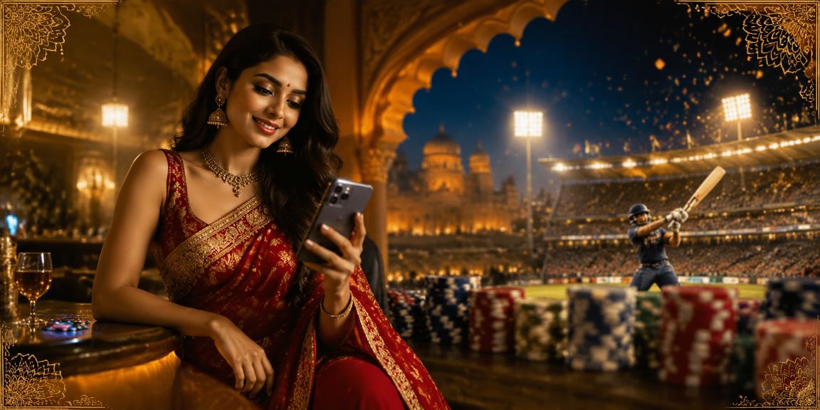 Cricket betting in India with players wearing traditional saree