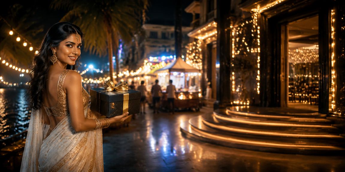 Indian woman enjoying casino games on mobile device in festive saree