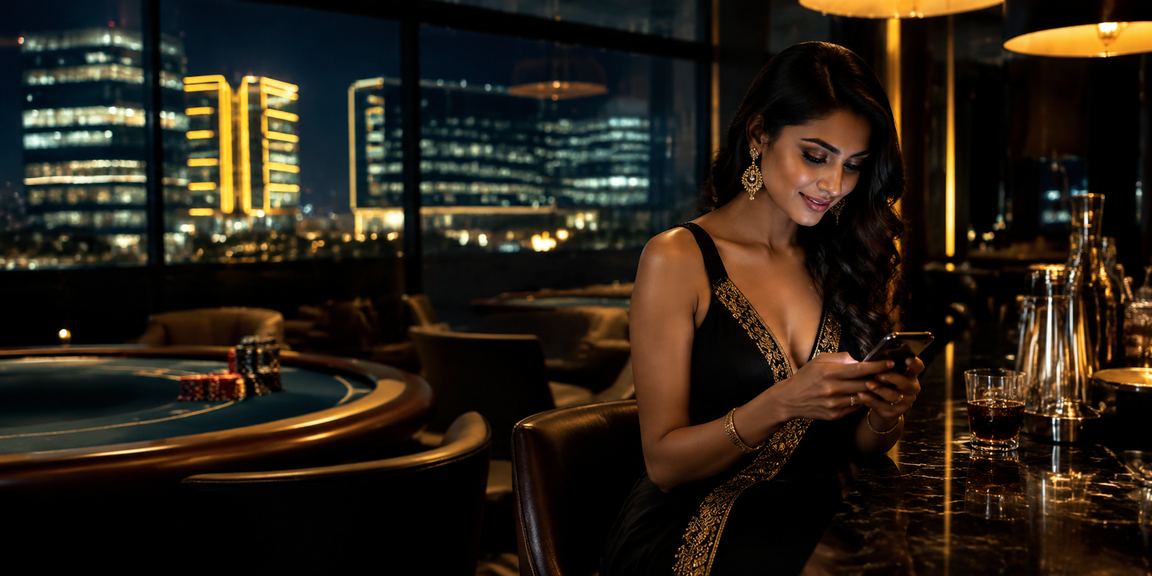 Indian woman using mobile casino app to play lottery games