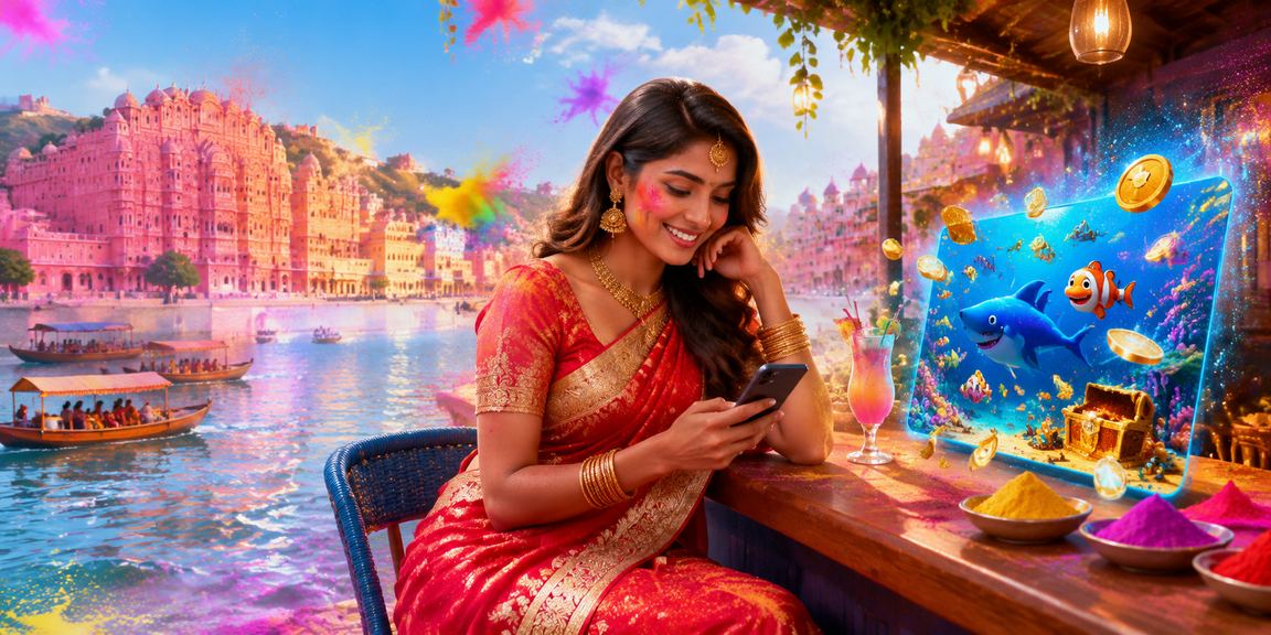 Woman playing lottery game near Jaipur river wearing bright saree