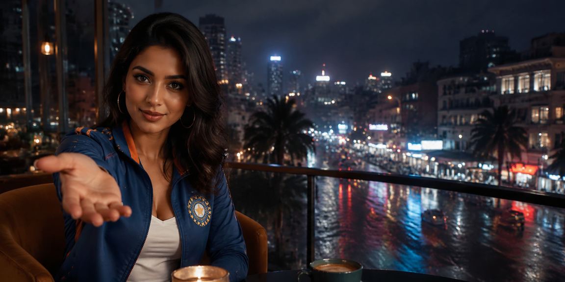 Mumbai cityscape with vibrant cricket betting neon lights at night
